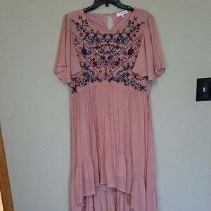 Umgee Pink High Low Dress with Floral Embroidery